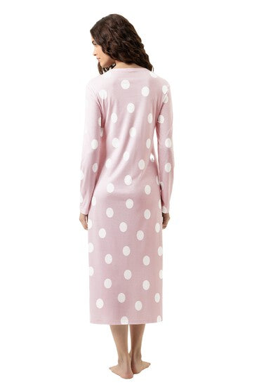 Camicia da notte a maniche lunghe rosa a pois