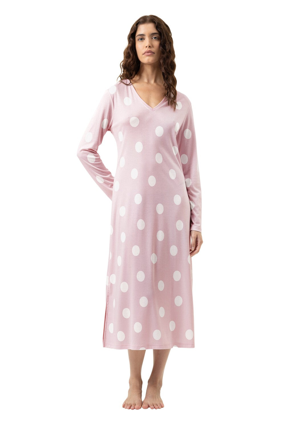 Camicia da notte a maniche lunghe rosa a pois