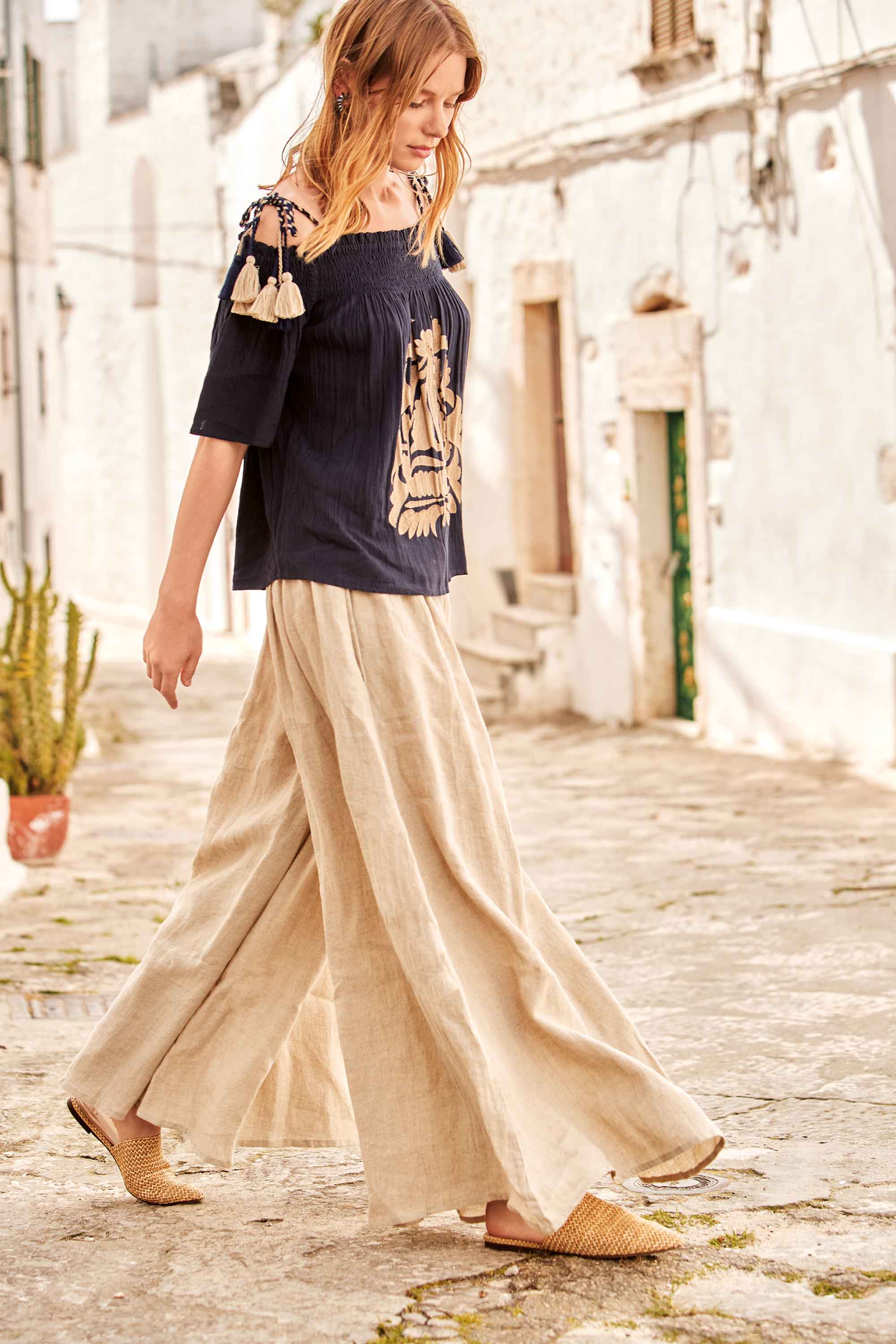 Iconique Pantalone Palazzo in Cotone e Lino Colore Lino