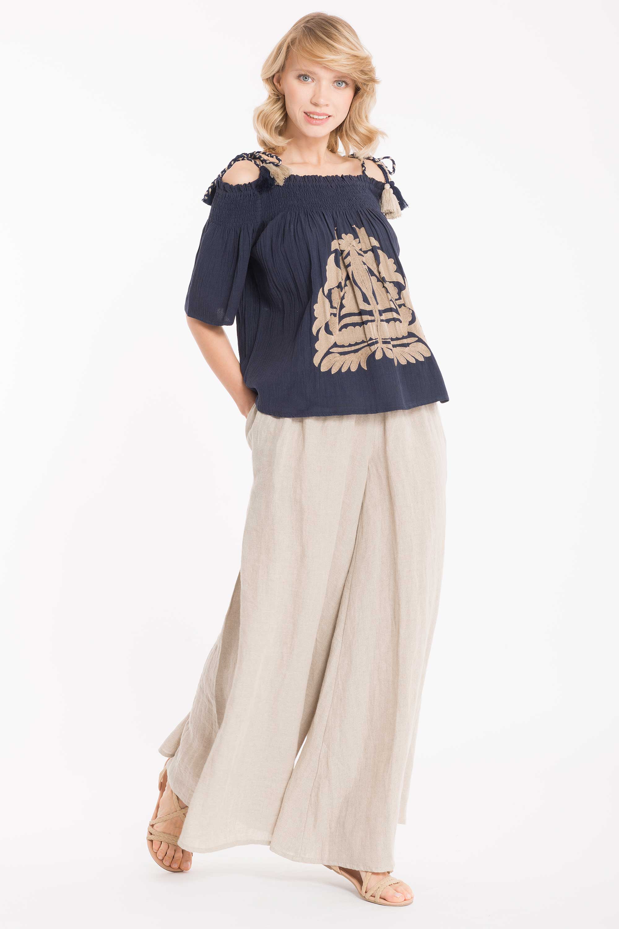 Iconique Pantalone Palazzo in Cotone e Lino Colore Lino
